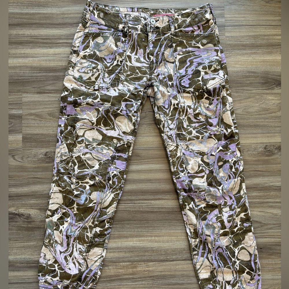 Retro Contemporary Green & Purple Camouflage Inspired Patterned Pants
